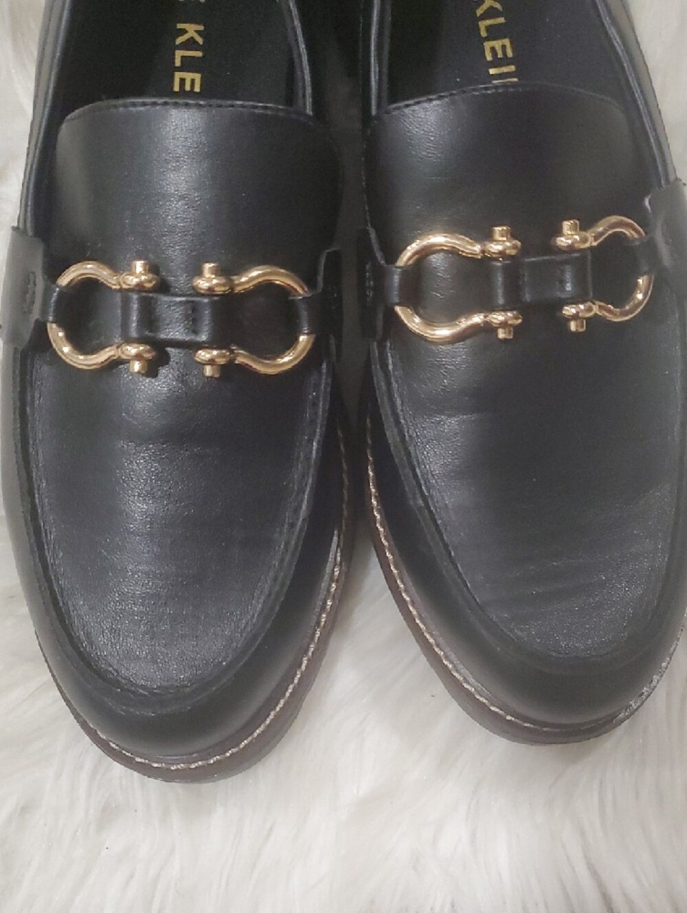Anne Klein Black Vegan Leather Loafers with Gold Horsebit Accent - Picture 2 of 14